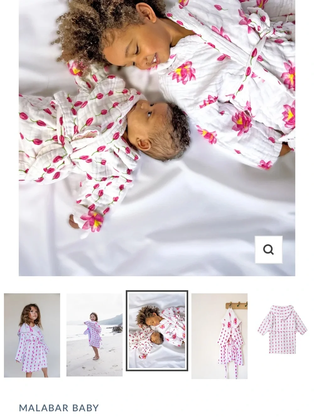 Kids MALABARBABY Hooded Bath Robe in White with tulips and water lilies